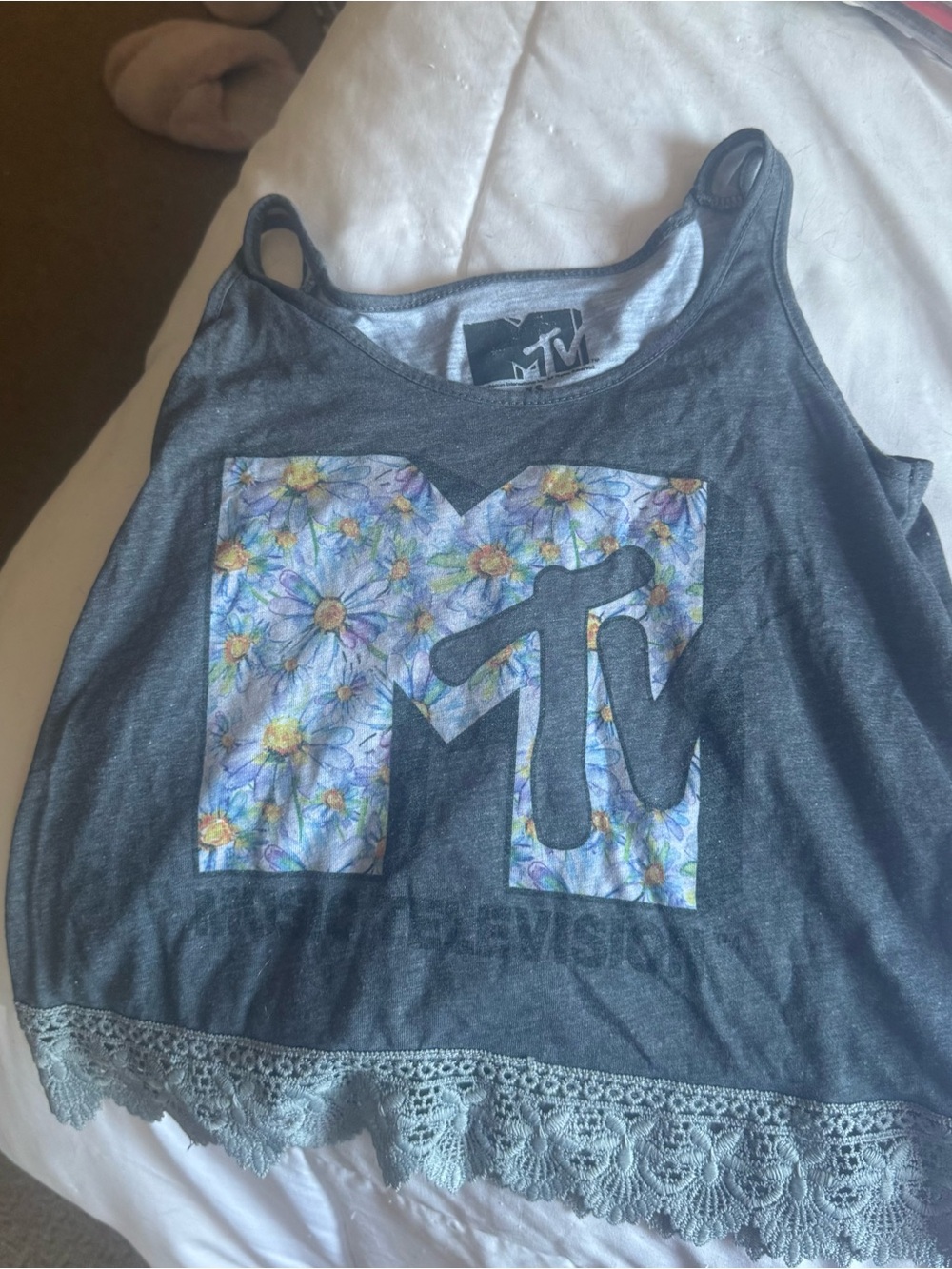MTV Dark Gray Floral Logo Lace-Trim Girls' Tank